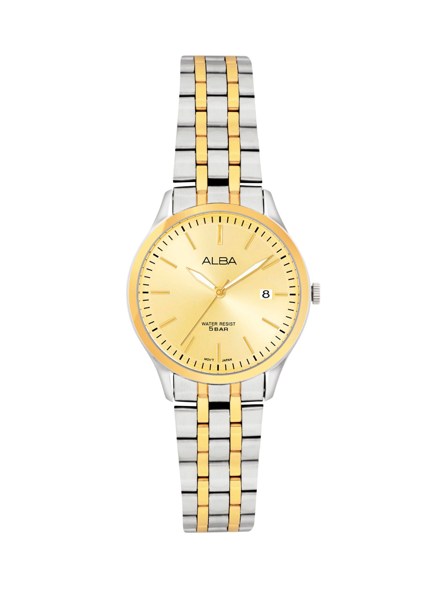 ALBA Stainless Steel Women Analog Wristwatch Ah7Ce8X1, Gold Dial, Silver Band