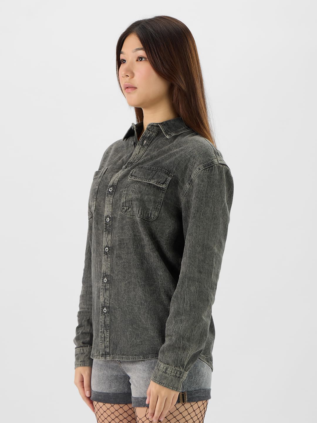 The Souled Store Classic Denim Shirt: Olive Green Women and Girls Collared Neck Long Sleeves Button Front Cotton Blend Boyfriend Shirts