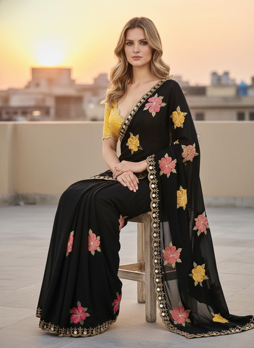 Sidhidata Women's Shining Star Georgette Embroidered Mirror Work Saree With Embroidered Unstitched Blouse Piece (Kusum Black_Black_Free Size)