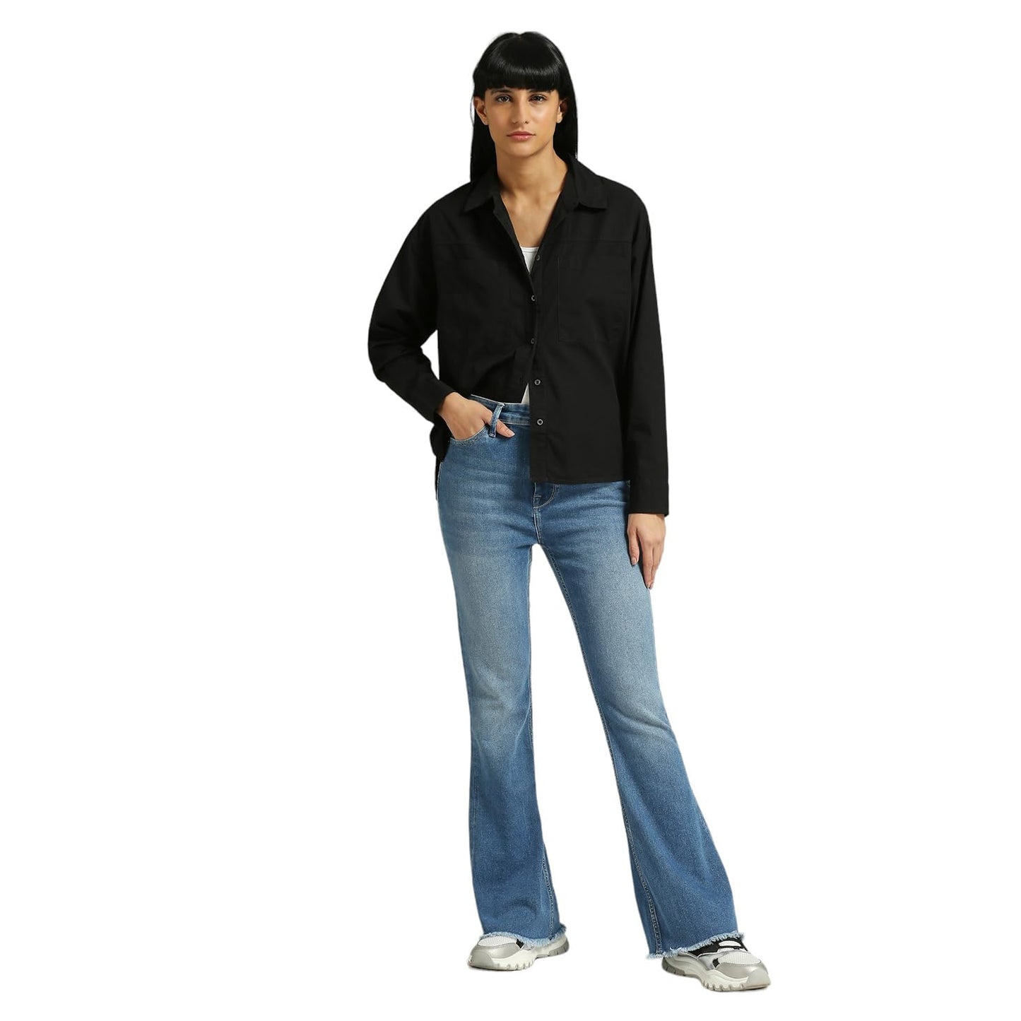 Pepe Jeans Women's Solid Oversized Fit Shirt (PL304903_Black