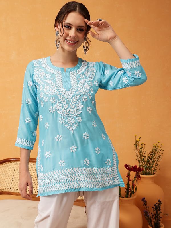 Ada Hand Embroidered Lucknowi Chikankari Muslin Straight Top Tunic Short Kurti for Women A911424 Blue (XS)