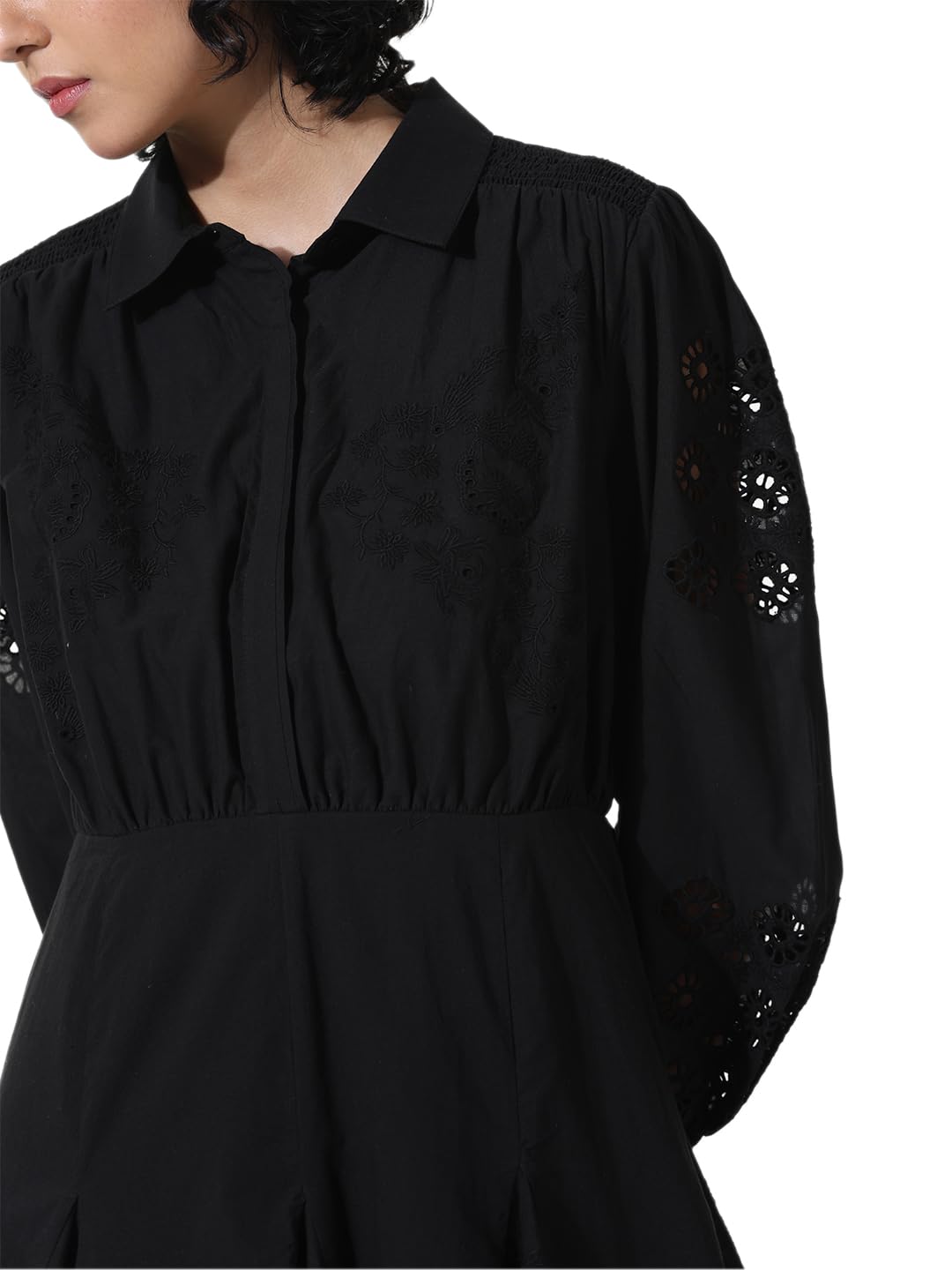 ONLY Women Self Design Black Cotton Mini Length Fit and Flare Dress