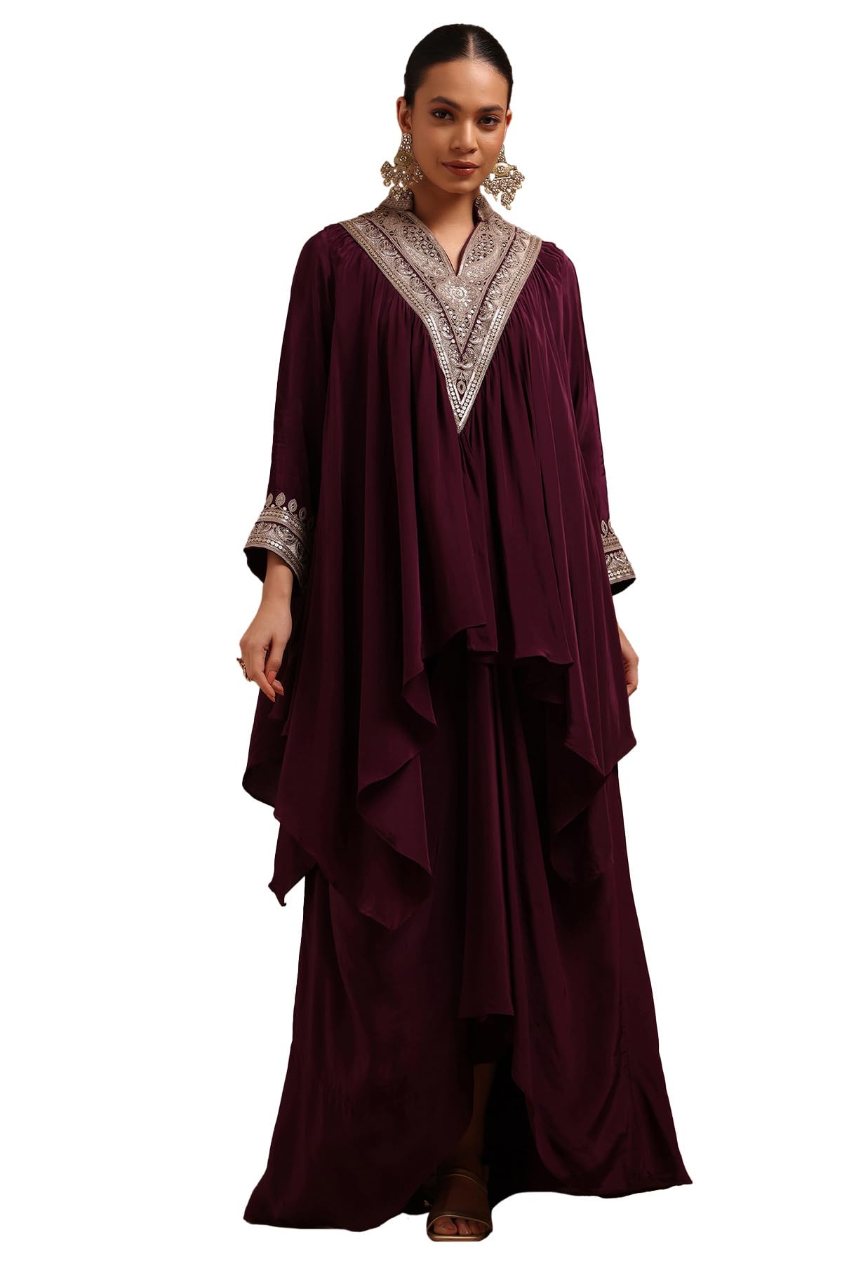 Soch Womens Wine Crepe Embroidered Co-Ord Set With Sequins