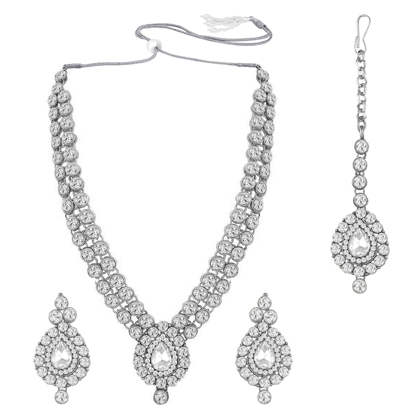 Peora Silver Plated Crystal Studded Necklace Earrings Maangtikka Set Contemporary Jewellery for Women