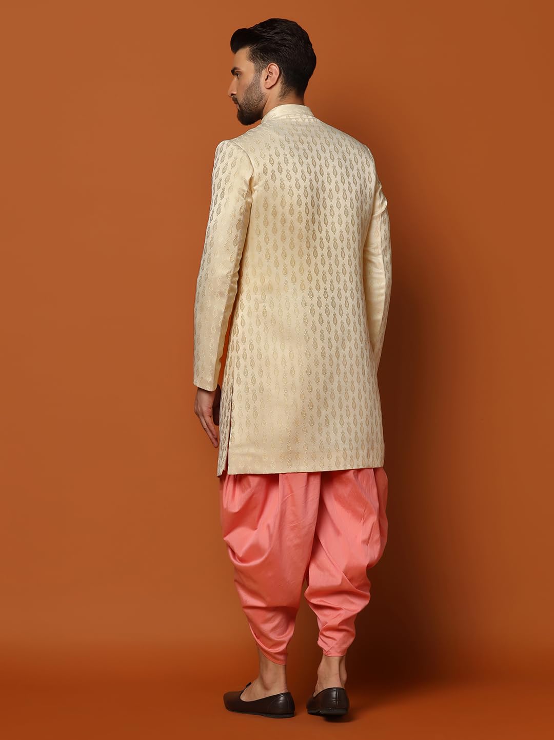 KISAH Men's Cream Indo-Western Sherwani Dhoti Set, Cotton Full Sleaves, Knee Length, Straight, Regular Fit, Mandarin Collar Ethnic Wear