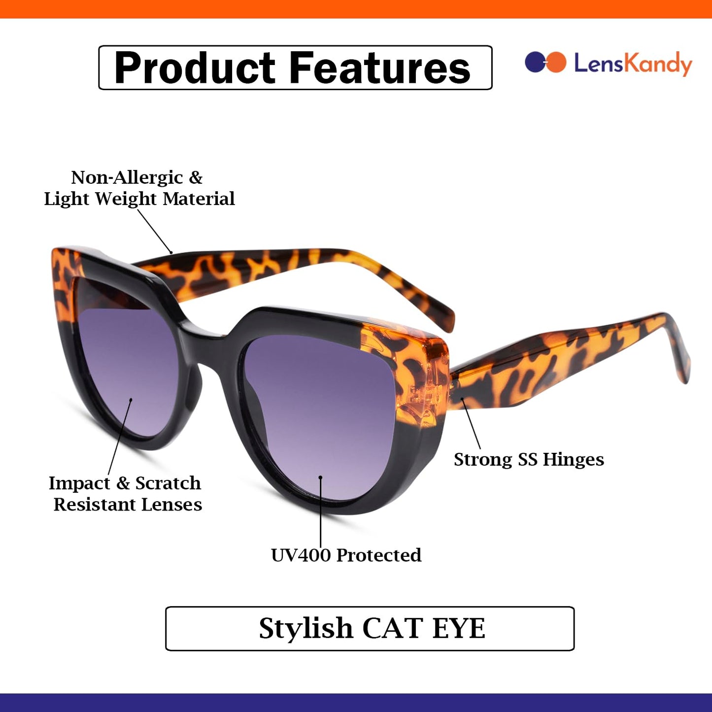 LensKandy Designer Cateye Sunglasses for Women medium sized UV400 Protected | 22014-Black