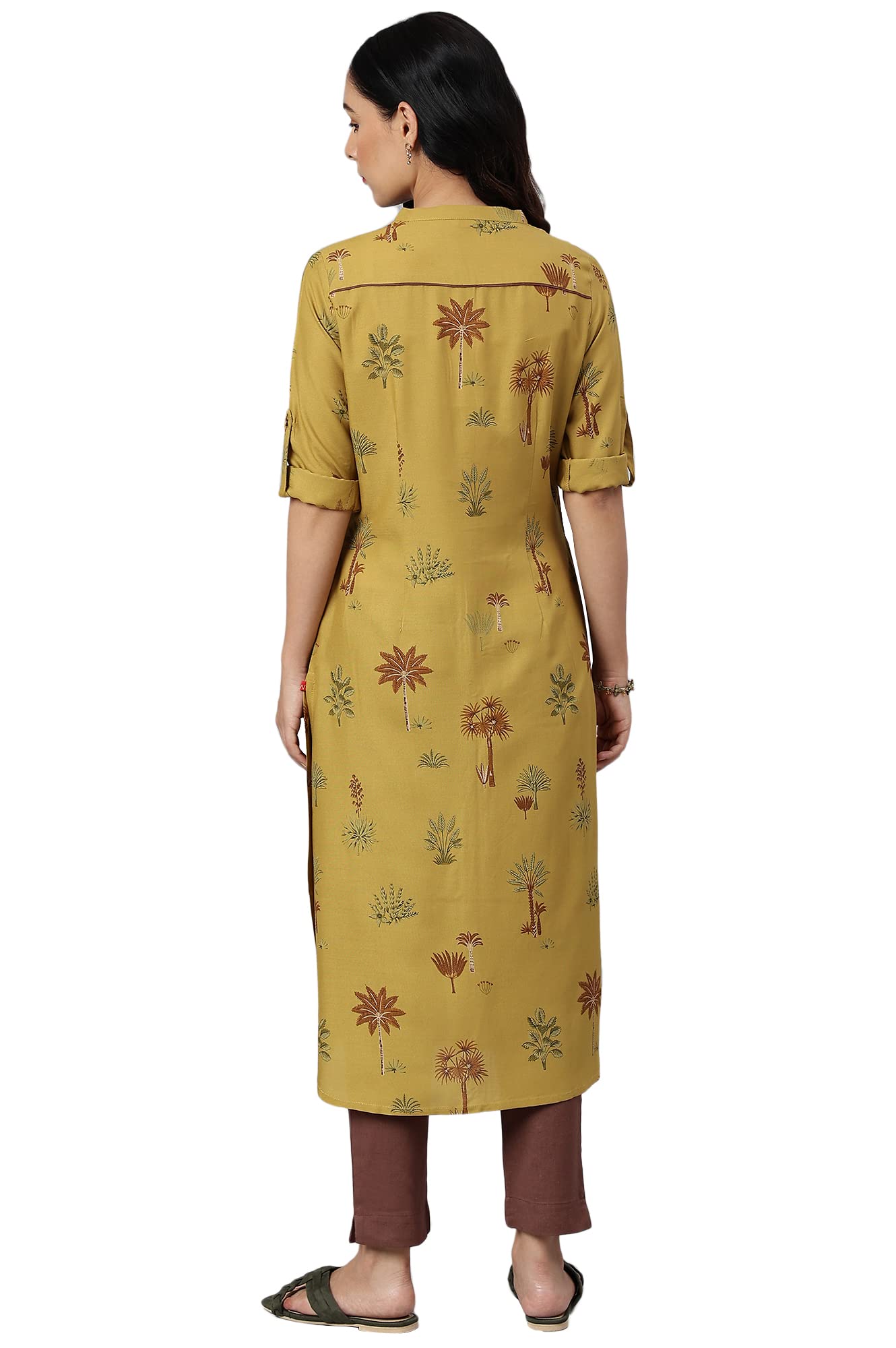 W for Woman Mustard Rayon Printed Button Down Kurta