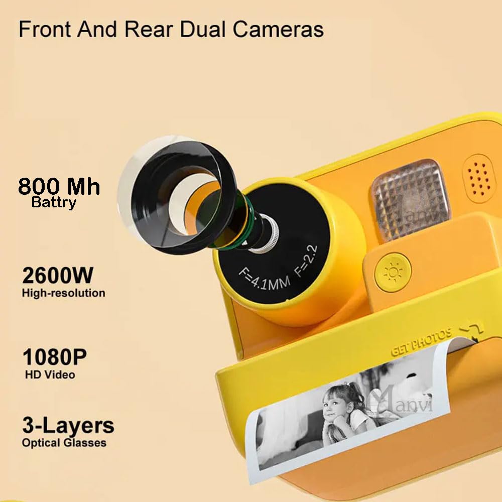 MANVI Instant Print Camera for Kids, 48 MP Print Camera for Boys & Girls, 1080P Video Recoding Camera with 3 Printing Rolls (Yellow)