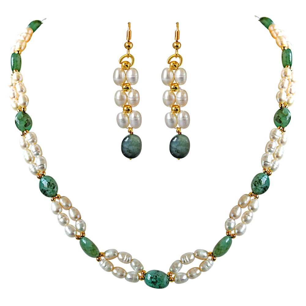 Surat Diamonds Real Natural Oval Emerald, Rice Pearl & Gold Plated Beads Necklace & Earring Set for Women (SN681)