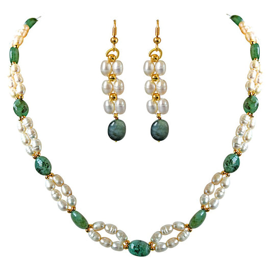 Surat Diamonds Real Natural Oval Emerald, Rice Pearl & Gold Plated Beads Necklace & Earring Set for Women (SN681)