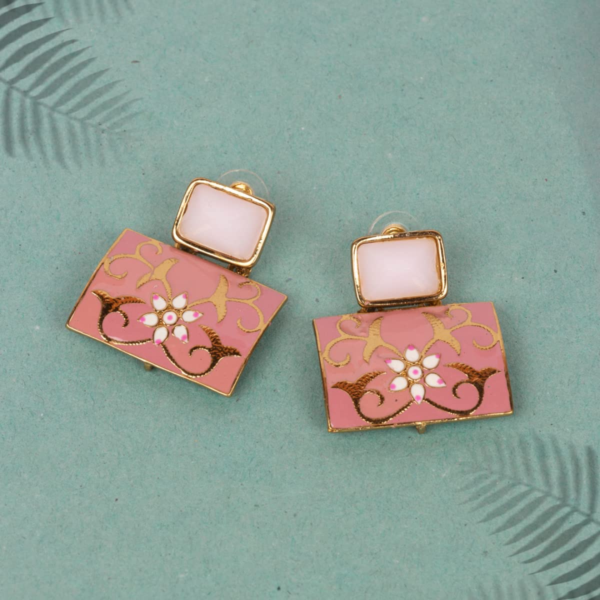 Accessher Contemporary Style Indo Western Inspired Pink Enamel and Pink Stone Embellished Geometric Design Dangle Drop Earrings for Women and Girls Pair of 1
