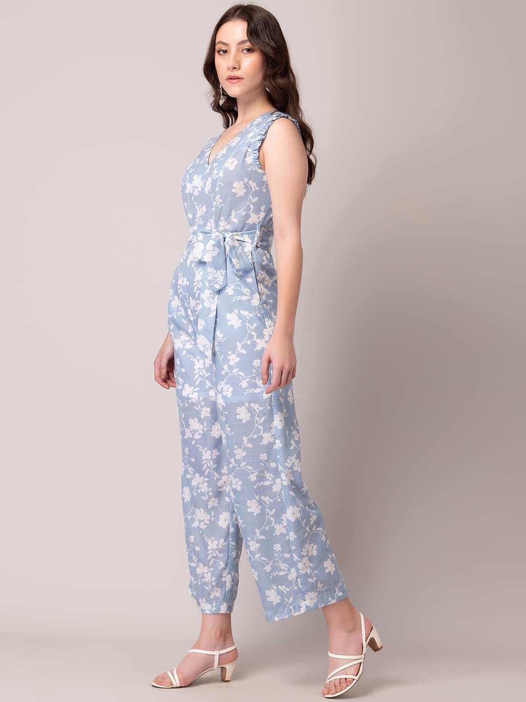 FabAlley Indya Blue And White Floral Print Jumpsuit With Belt