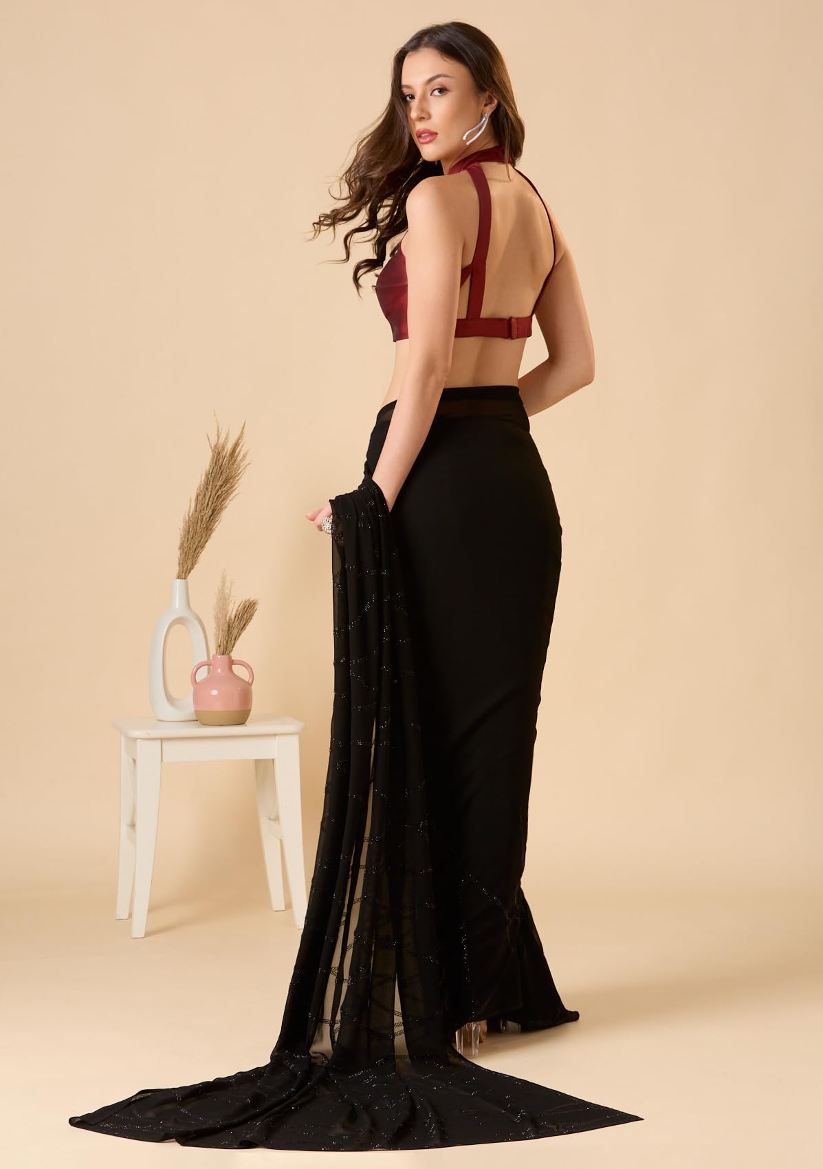 S SALWAR STUDIO Maroon Taffeta Halter Neck Sleeveless Readymade Blouse