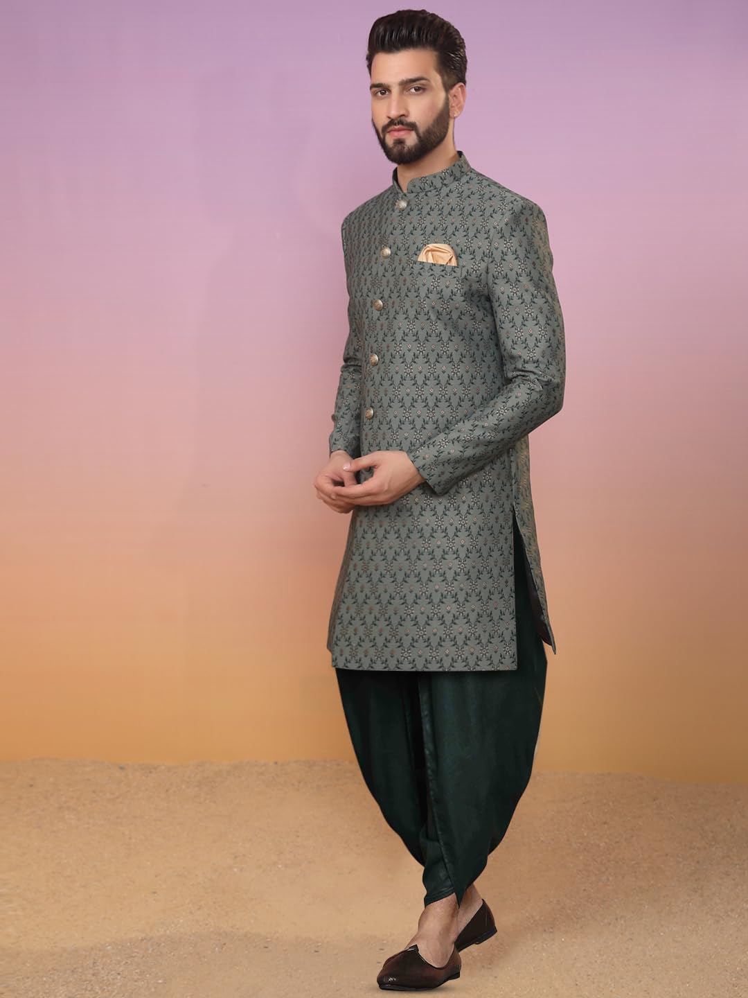 KISAH Men's Indo-Western Sherwani Dhoti Set, Green Silk Blend, Jacquard Regular Fit Mandarin Collar Long Sleeves (M)