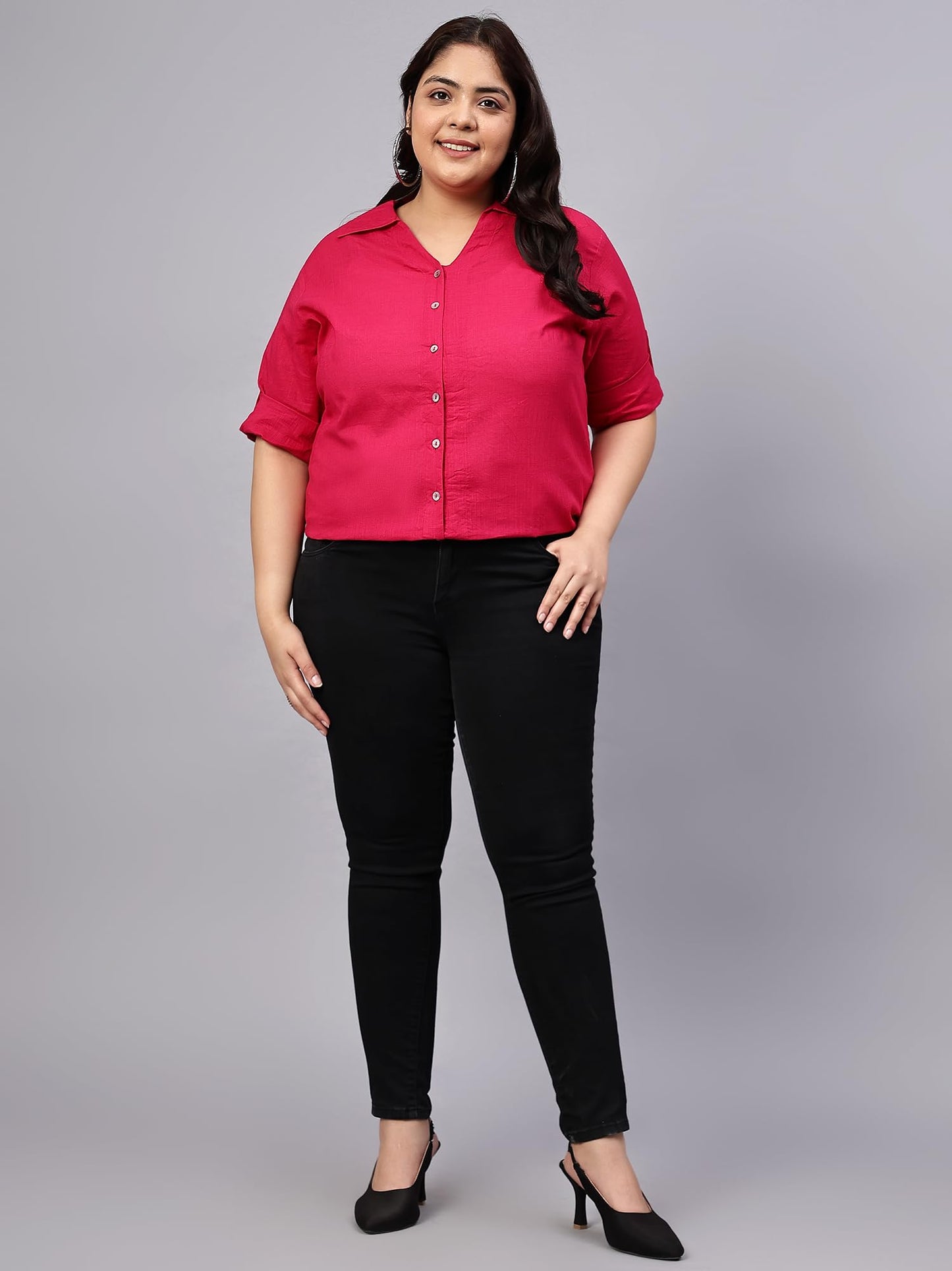 Indietoga Women's Plus Size Cotton Longline Casual Shirt (P10001508_Pink Solid_XL)