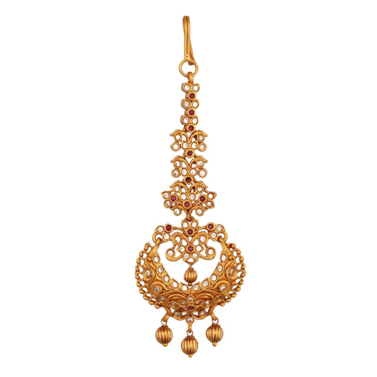 TARINIKA Antique Maang Tikka(Nethi chutti) for Women, Gold Plated Brass & CZ Stones Head Jewelry, Traditional Wedding Mang tikka Festive & Bridal Accessory (Aadhira Antique)