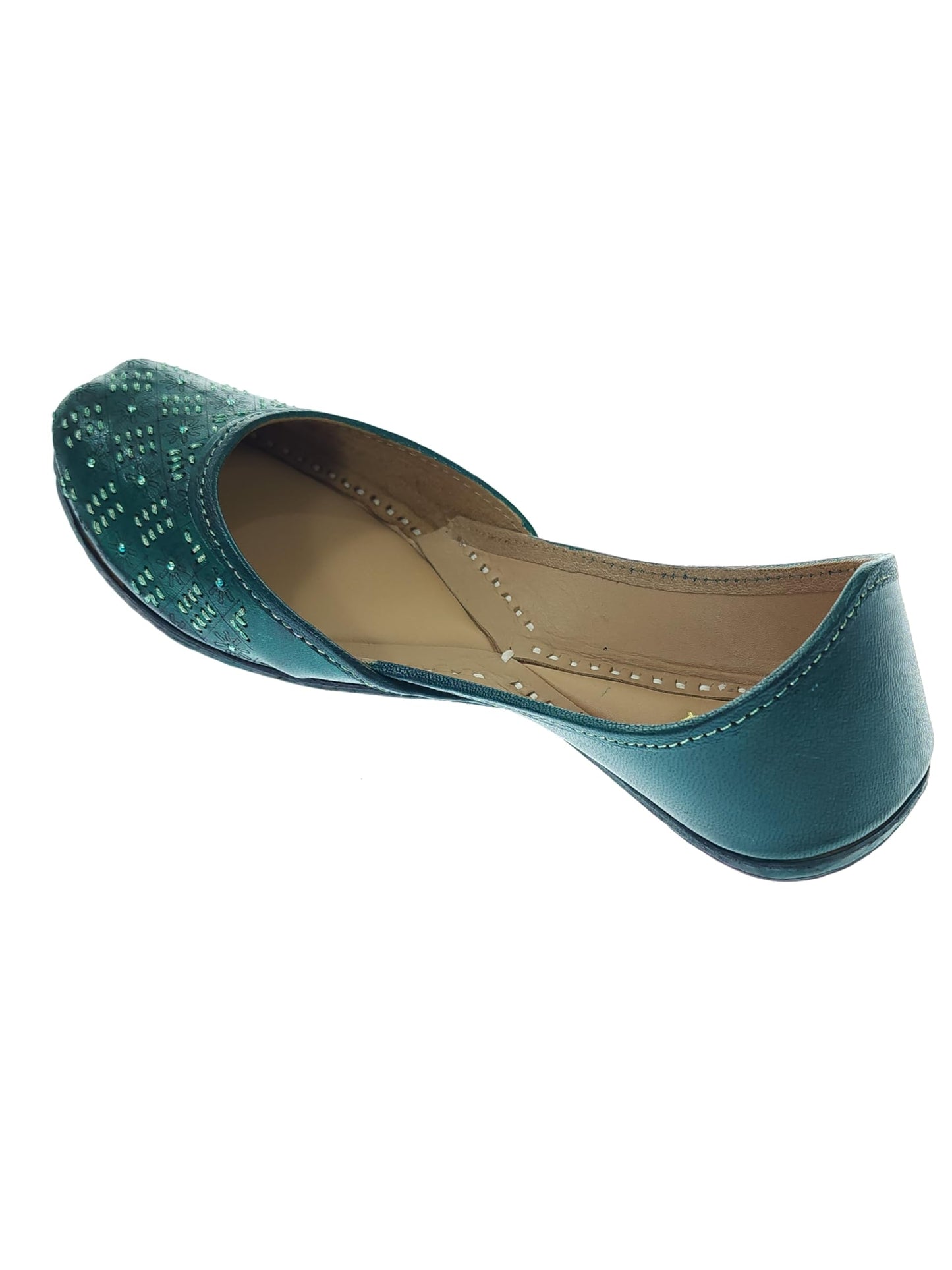 Fulkari Women's 3D Tanka Dark Green Gold Zarriwork Genuine Soft Leather Jutis | Bite and Pinch Free Juttis | Punjabi Jutti | Girl's Office Flat Ladies Mojari | dailywear Ethnic Juti | 36