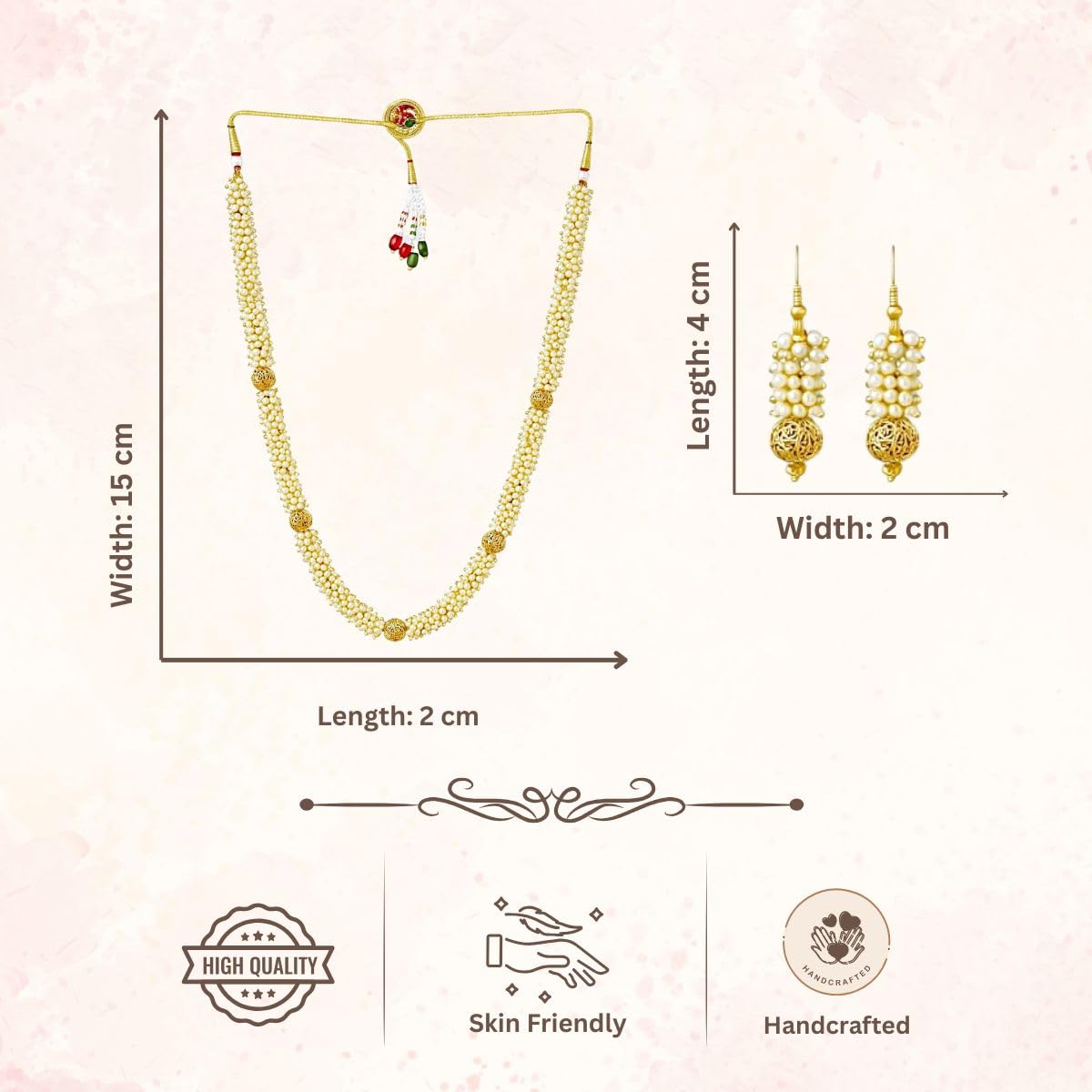 ACCESSHER Traditional Gold Plated Long Necklace Set with Earrings | Pearl Beaded Ethnic Jewellery Set for Wedding For Women & Girls