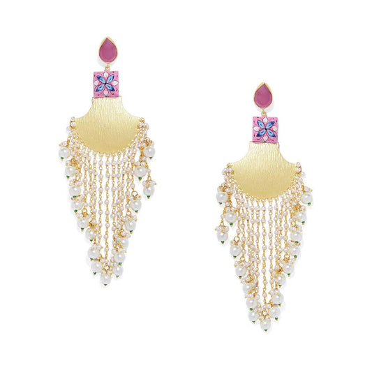 Accessher Gold Plated Statement Modern Chandbali Style Chandelier Dangle Earrings with Pearl Drop Tassels and Push Back Closure for Women and Girls Pack of 1 Pair