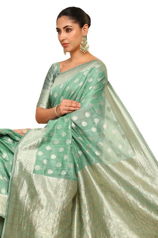 Soch Womens Sap Green Tussar Woven Design Saree