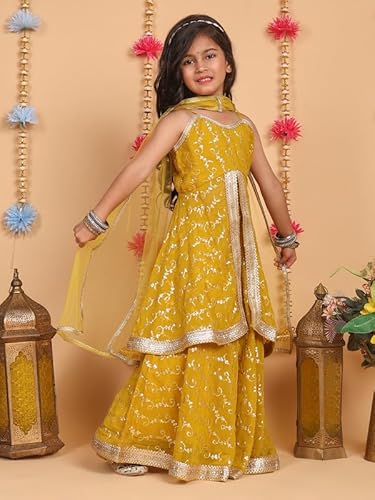 superminis Girls Georgette Sequins Embroidery Sleeveless Lehenga Choli with Net Dupatta Ethnic Wear Set (8-10 Years, Mustard)