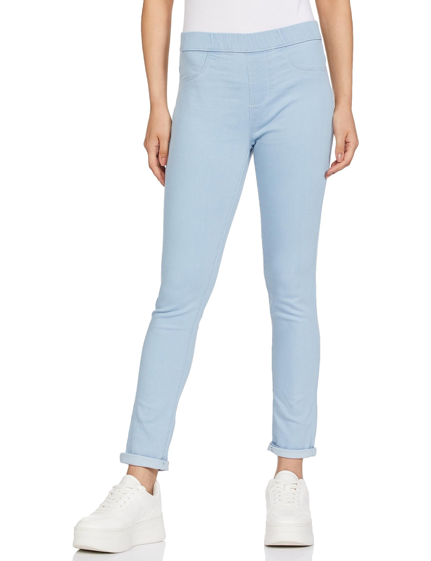 MAX Women Solid Elasticated Waist Jeggings,Light Blue,XS
