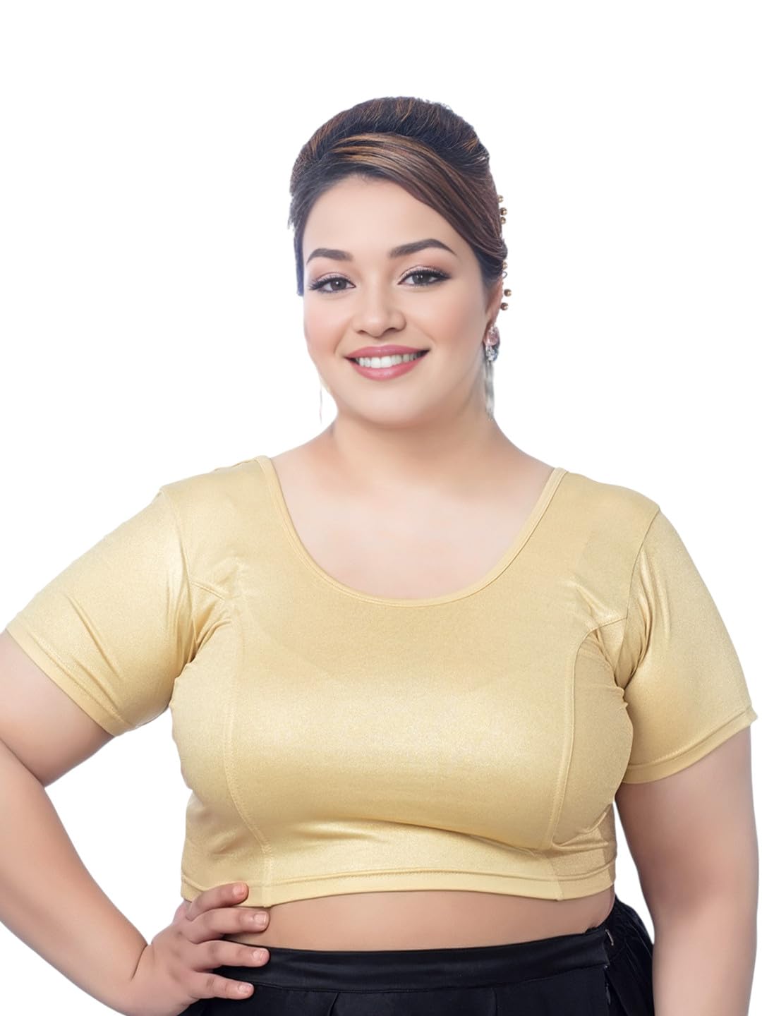 Biyu Women's Lycra Stretchable Gold Short Sleeves Round Neck Princess Cut Plus Size Readymade Saree Blouse (Gold, 50)