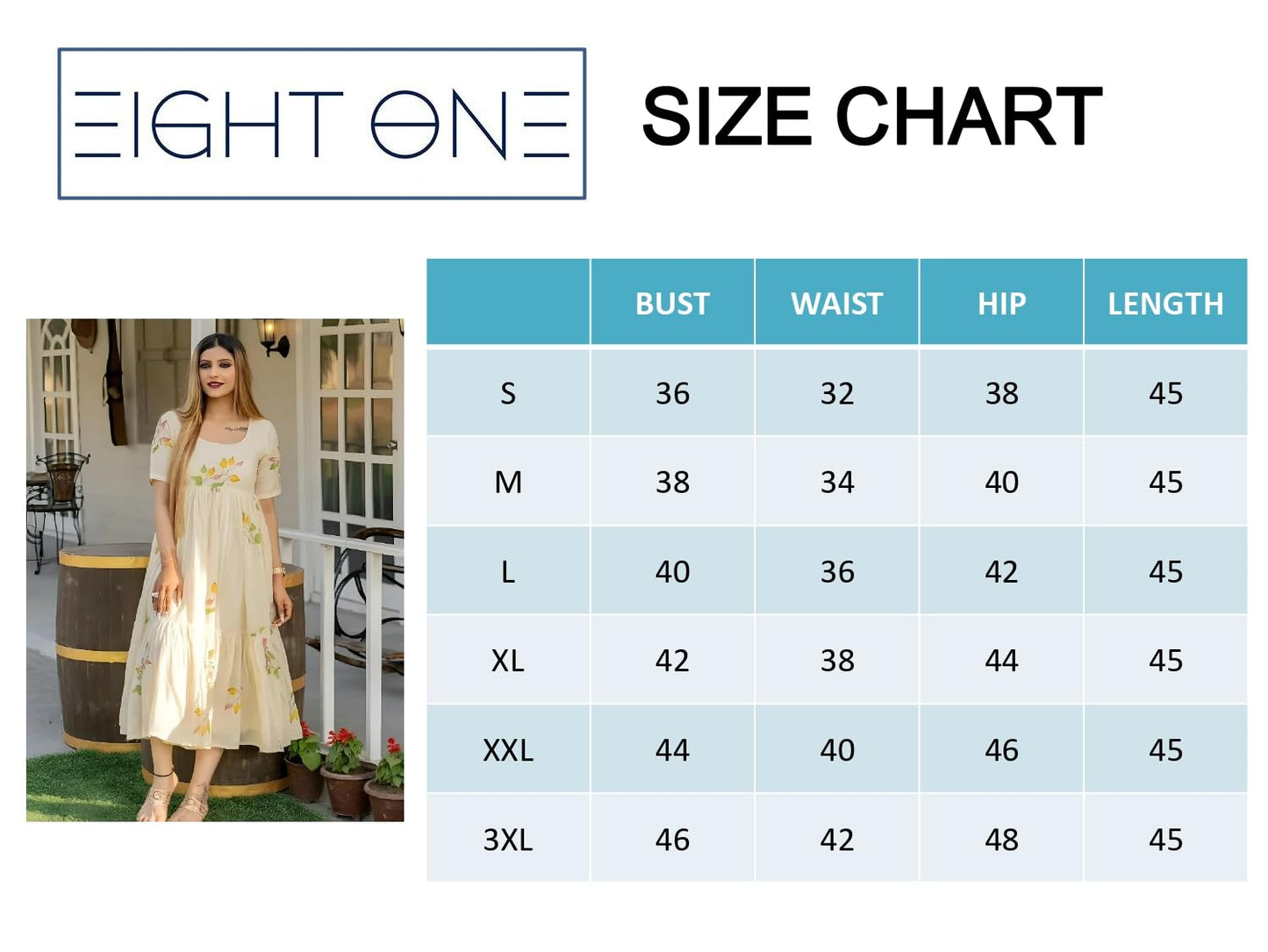 eightone Girl's & Women's Floral A-line Kurti Fit and Flare Cotton Midi One Piece Stylish Maxi Long Frock Dress for Women (in, Alpha, 4XL, Cream White)