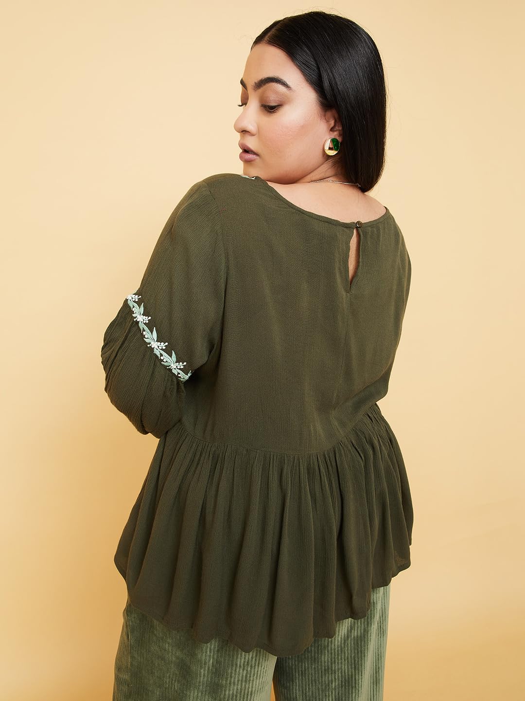 Max Women Rayon Regular Fit Plus Size Embroidered Gathered Top (EMB3101P_Olive Green)