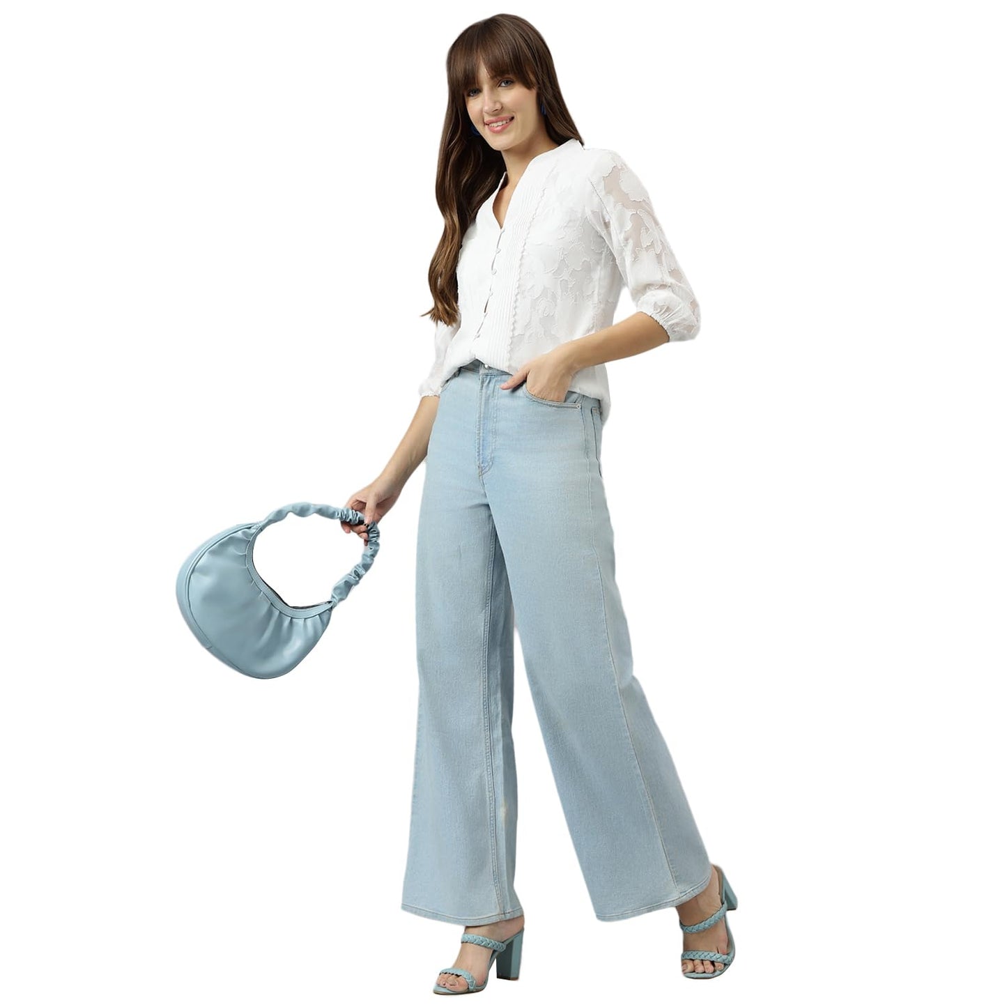 Latin Quarters Women White Mandarin Collar Three-Quarter Sleeves Solid Shirt for Casual Wear_M