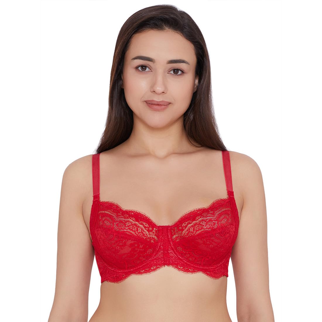 India Essential Lace Non Padded Wired Full Cup Lace Bra(Red, 34D)