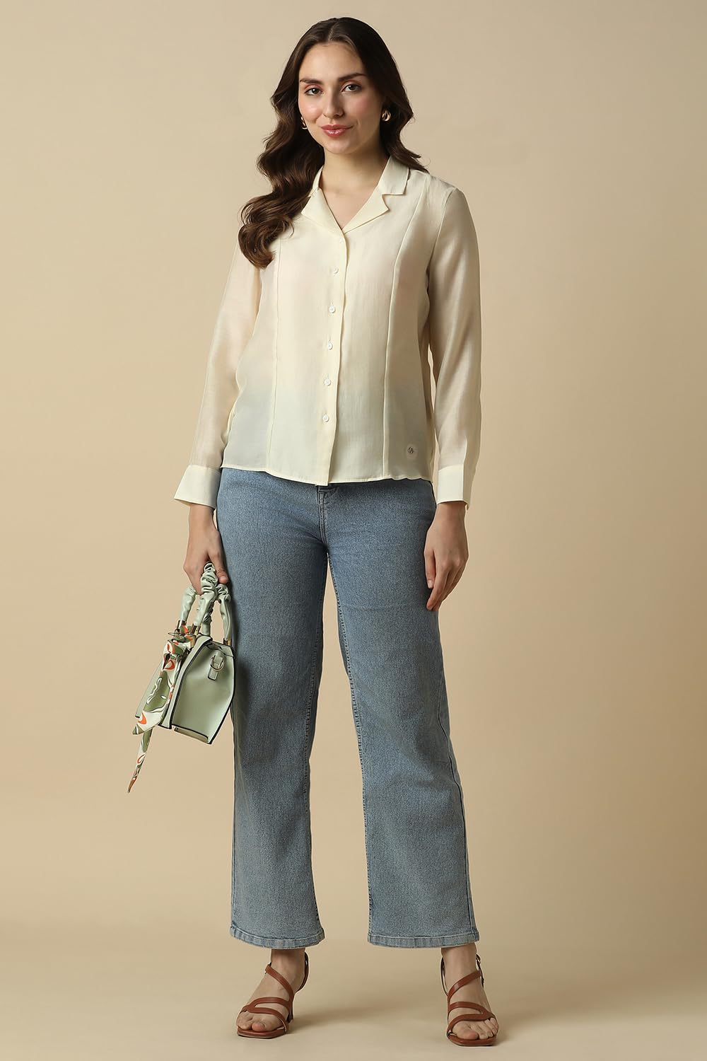 Women Cream Solid Long Sleeves Shirt