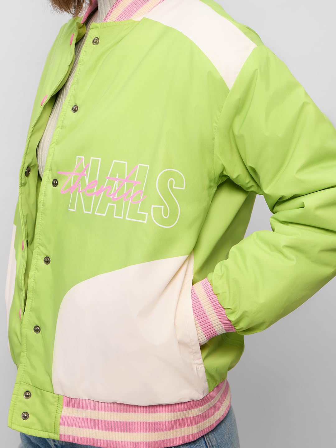 The Souled Store Official Varsity Jacket : Celery Lime Women and Girls Long Sleeve Button Front Multicolor Graphic Printed Oversized Fit Varsity Jackets