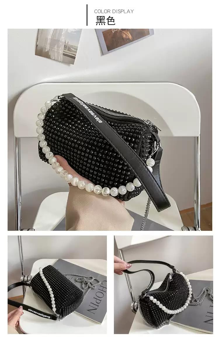 DOSYSO Rhinestone Crossbody sling Bag with Chain strap side Bag Evening Clutch Pearl Handle Designer Handbags for Women Stylish Latest Girls Glitter Ladies Purse for Party Wedding (BLACK)
