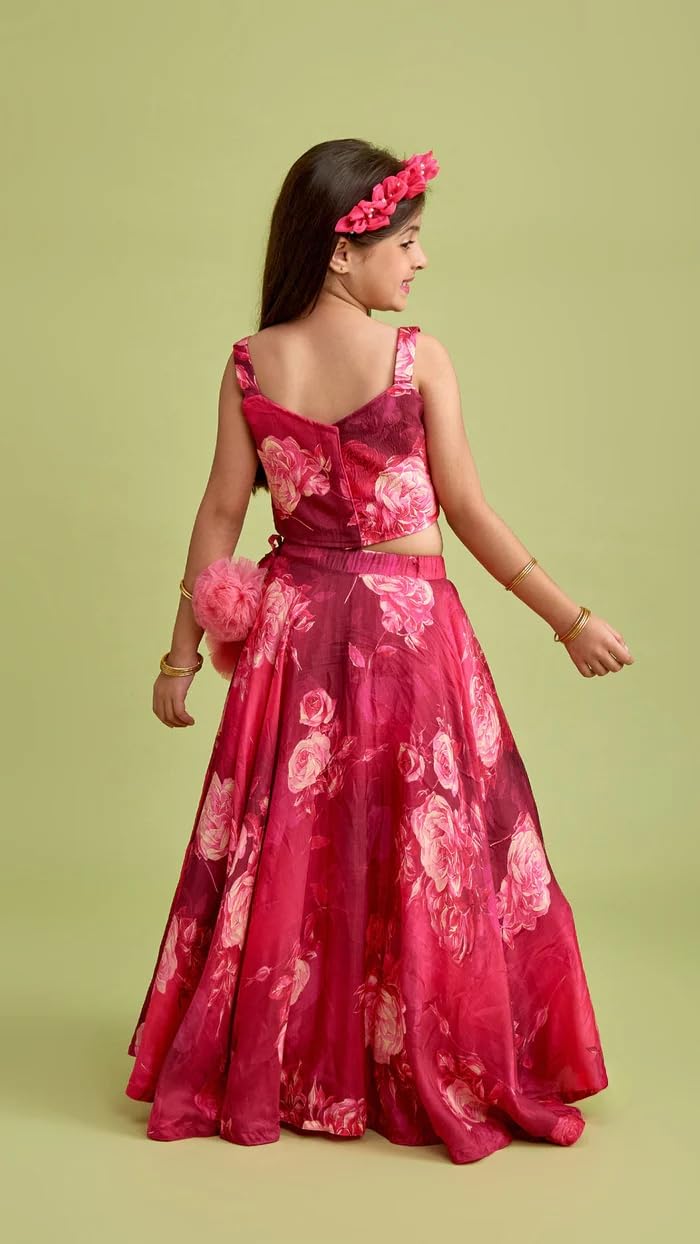 Leons Fab irl's Vibrant Floral Rayon Printed Stylish Crop Top And Lehenga (Pink, 11-12 Years)