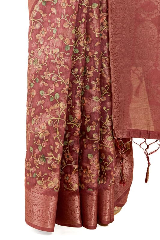 Soch Womens Wine Floral Print Chanderi Jacquard Saree