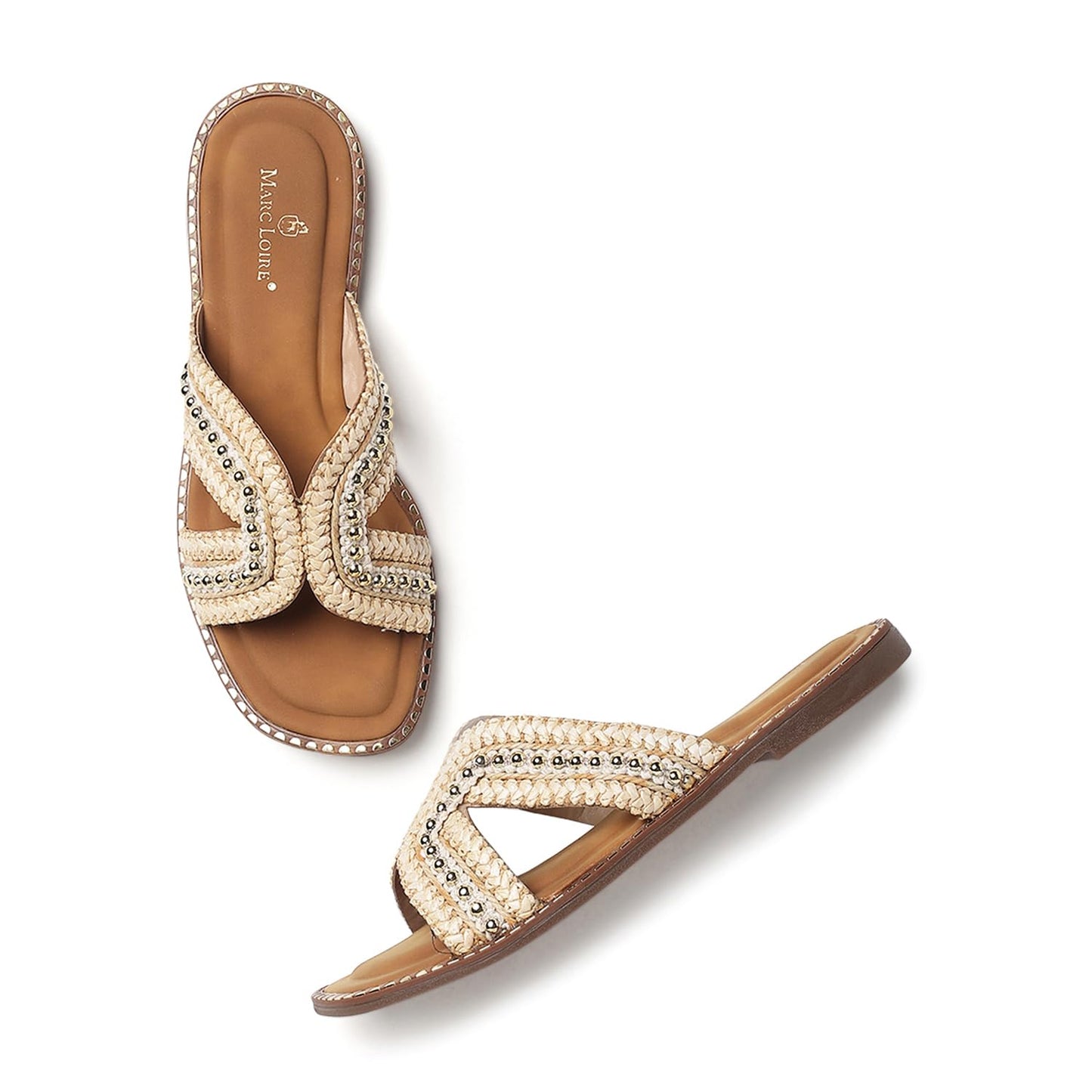 Marc Loire Women Smart Casual Embellished Slip-On Flats | Open Toe Fashion Sandals with Comfortable Sole (Gold, UK Footwear Size System, Adult, Women, Numeric, Medium, 7)