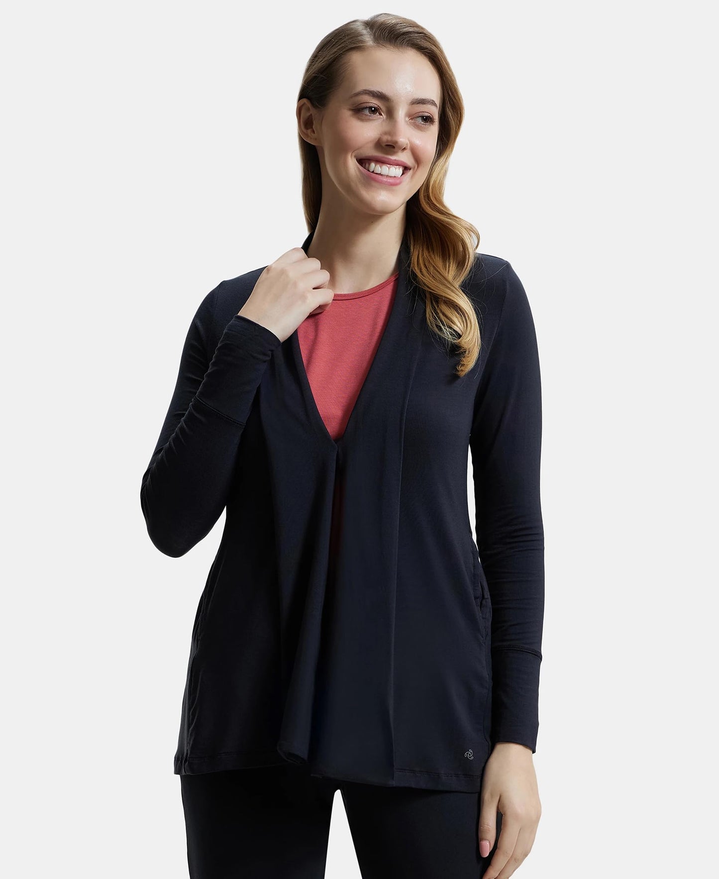 Jockey JW53 Women's Tencel Lyocell Elastane Stretch Relaxed fit Full Sleeve Shrug with Front Closure Buttons_Black_L