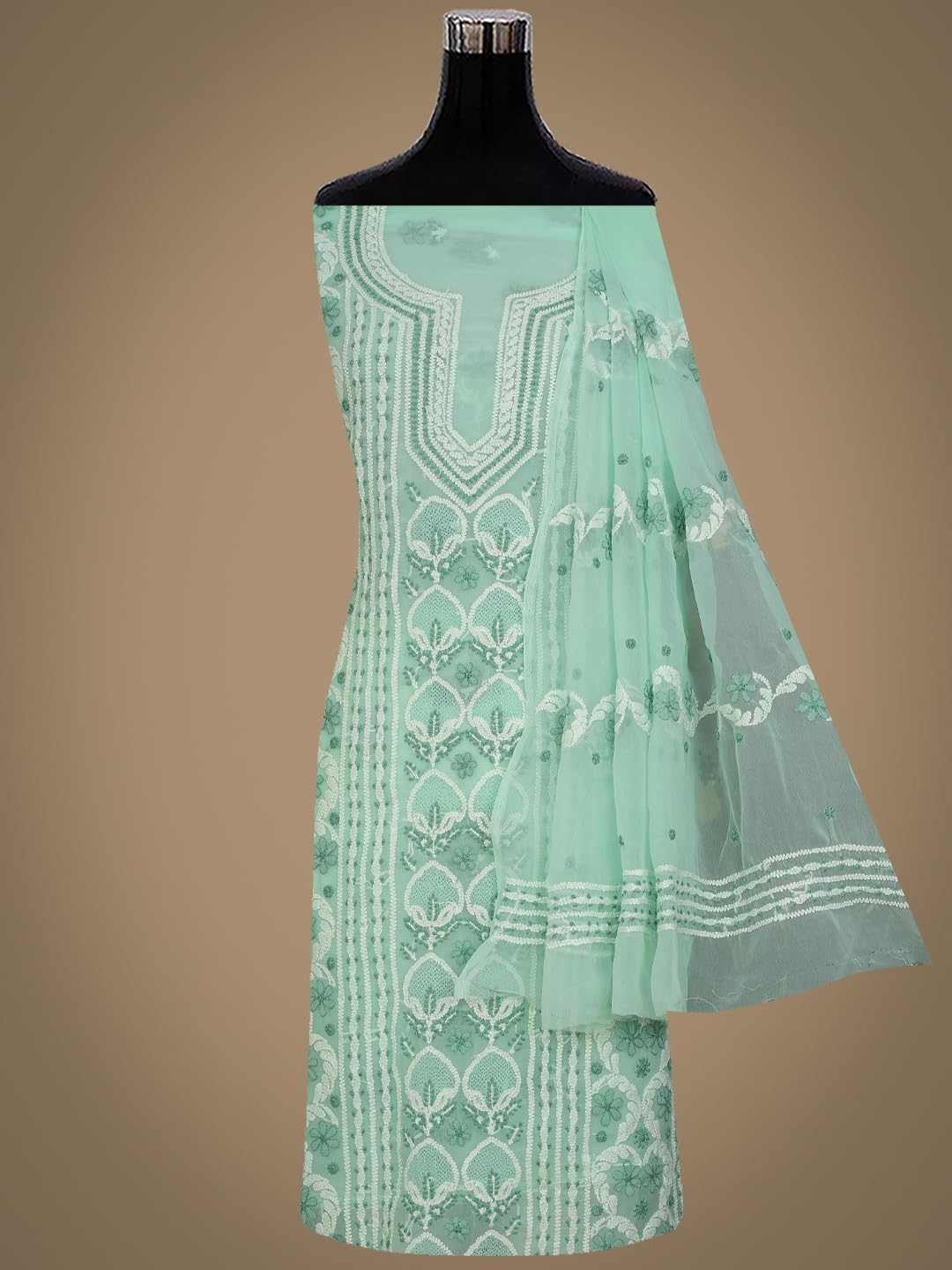 Ada Hand Embroidered Lucknowi Chikankari Unstitched Georgette Dress Material Suit Piece with Dupatta for Women 01A867502 Seafoam Green