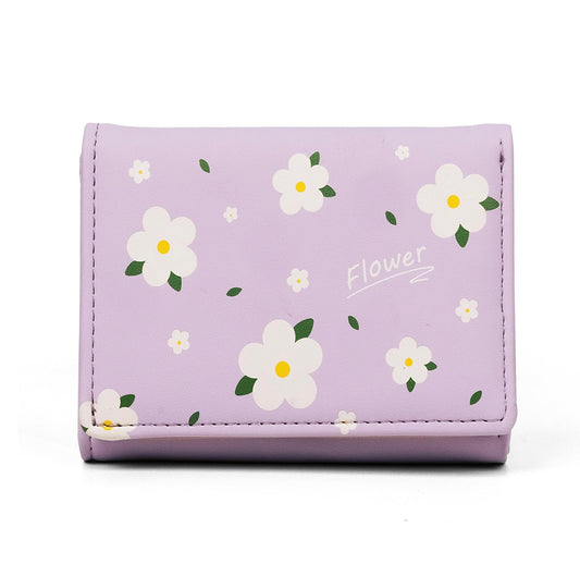 INOVERA (LABEL) Flower Wallets for Women, Girls - Stylish Faux Leather Trifold Cash, Cards Holder Wallet - Small Hand Purse (Purple)
