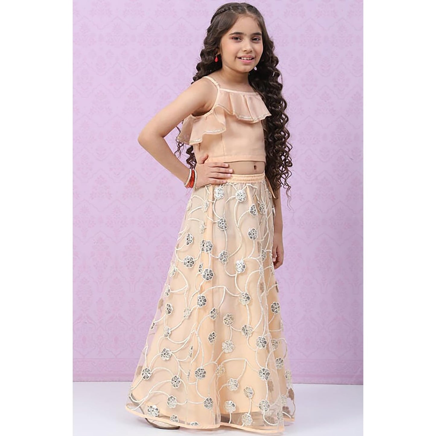 BIBA Girls Polyester Flared Solid Lehenga Set (KW4605EAW22OWHT_Off White_6 7 Years)