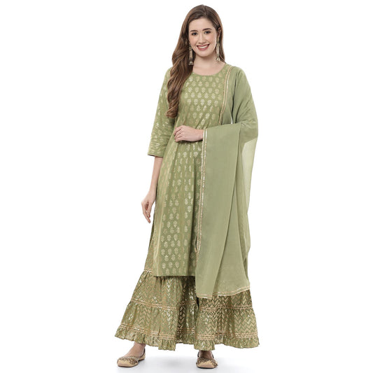 Rangriti Women's Cotton Kurta With Palazzo & Dupatta (190743_Olive Green_36)