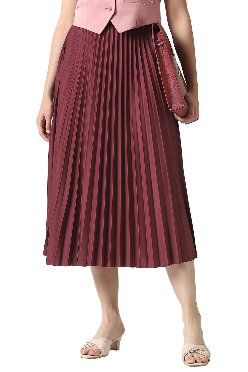 Women Maroon Solid Party Calf-Length Skirt