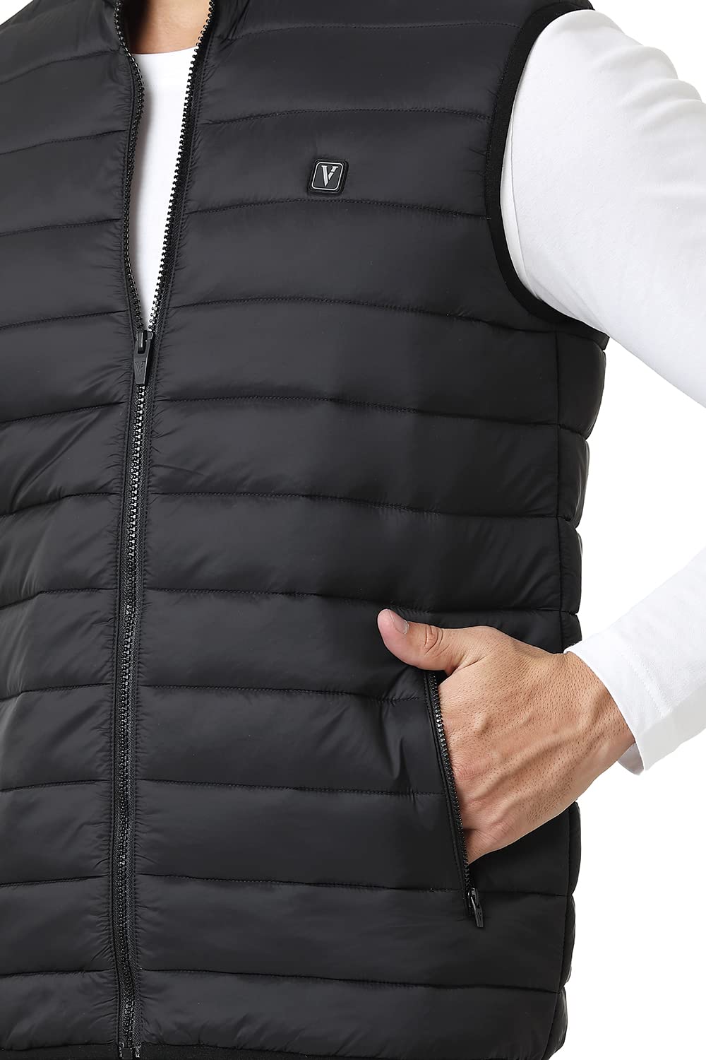 Van Heusen Athleisure Men Woven Jacket - 100% Nylon - Extra Warm, High Neck, Zip Front, Sleeveless_80005_Black_L