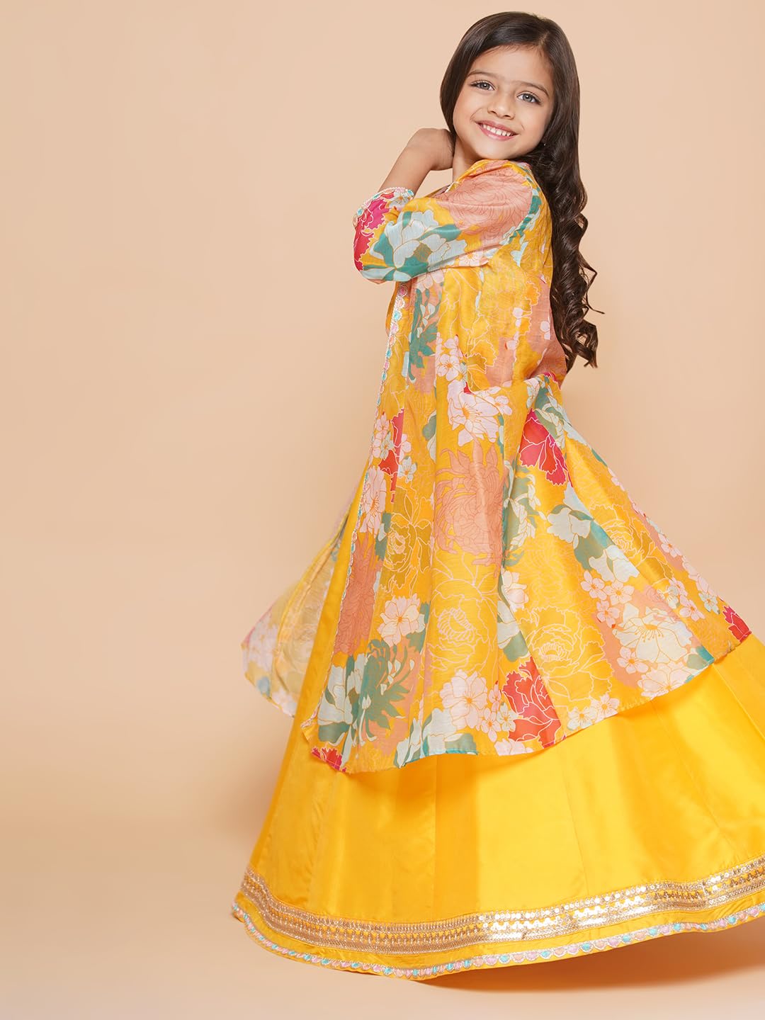 Bitiya by Bhama Girls Yellow Floral Print Top & Shrug With Ready to wear Skirts