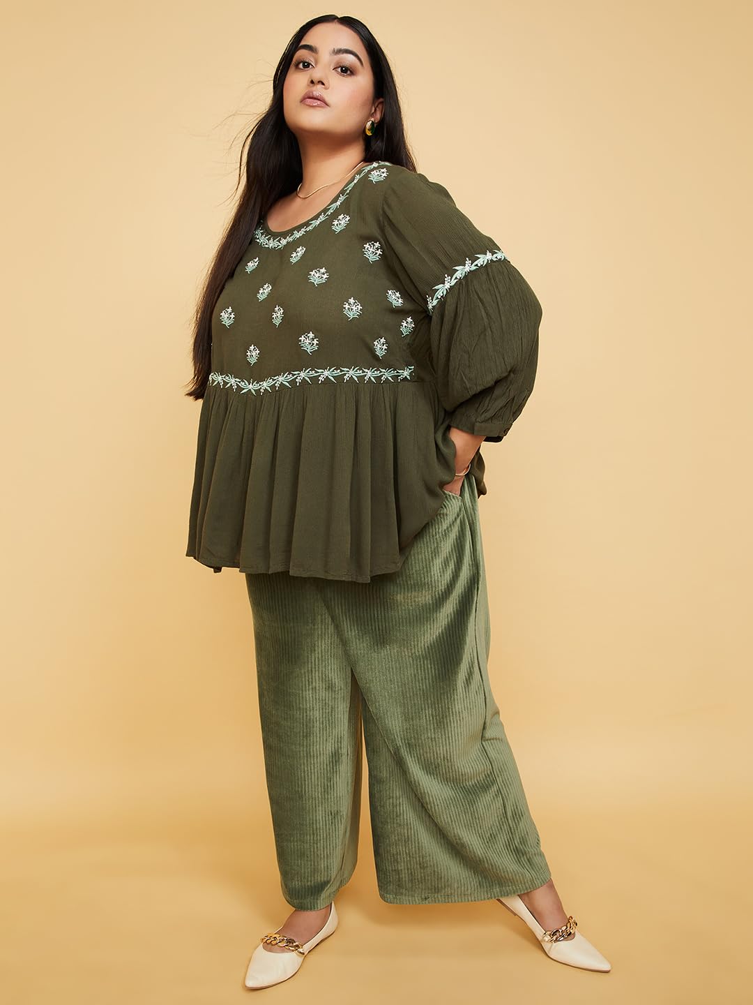 Max Women Rayon Regular Fit Plus Size Embroidered Gathered Top (EMB3101P_Olive Green)
