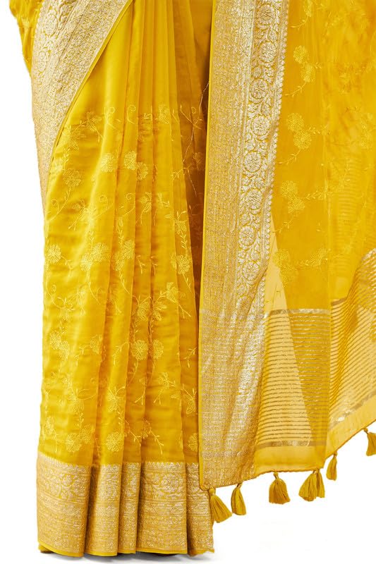 Soch Womens Yellow Organza Embroidered Saree with Thread Work(8907175714638)