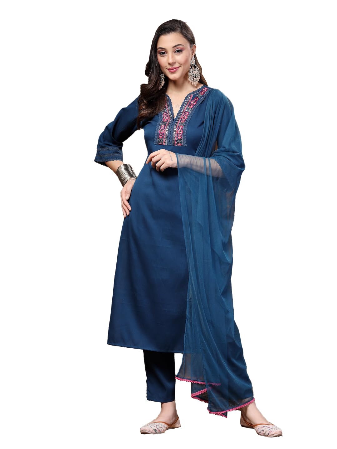 Stylum Women's Teal Solid & Embroidered Italian Crush Straight Kurta Pant Dupatta Set