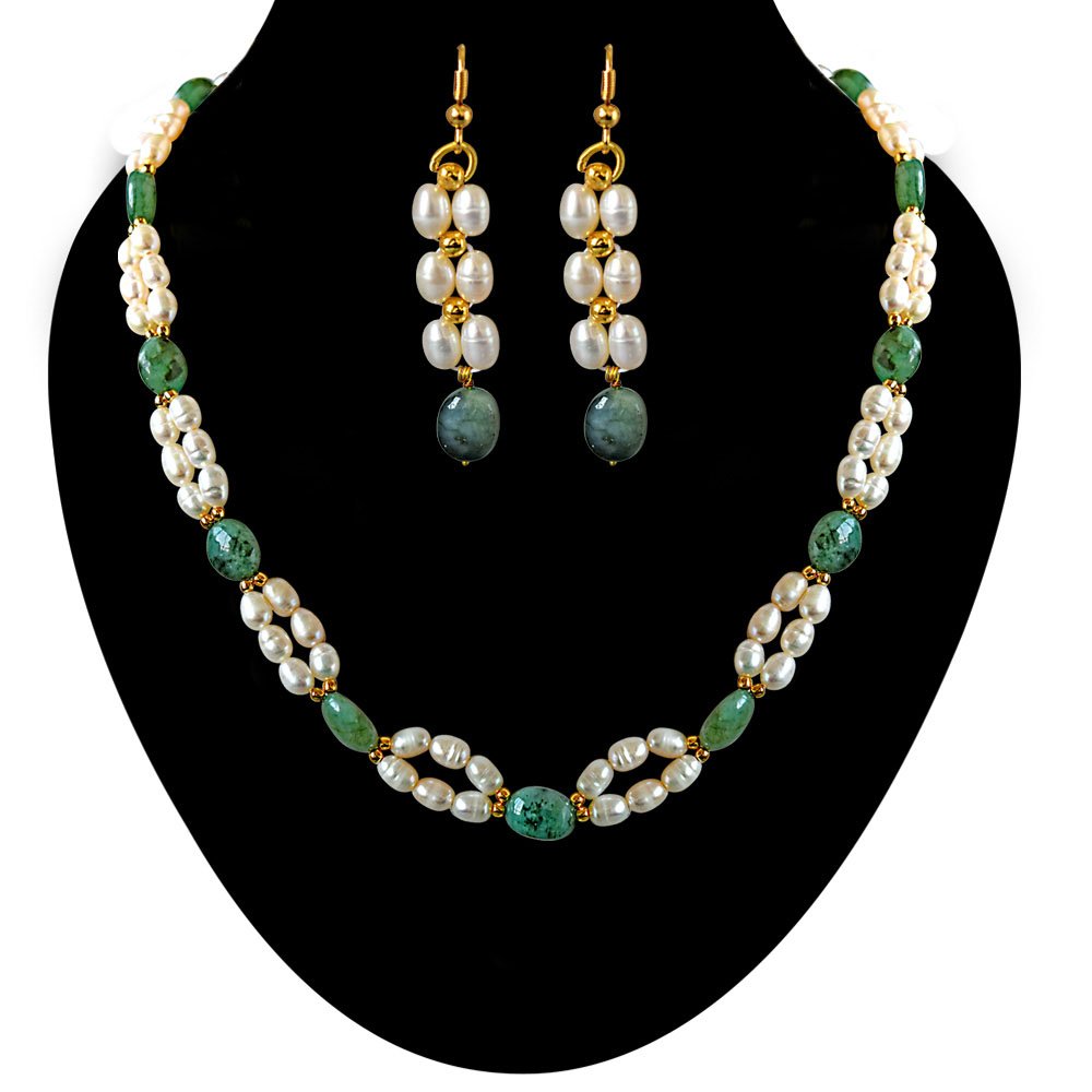 Surat Diamonds Real Natural Oval Emerald, Rice Pearl & Gold Plated Beads Necklace & Earring Set for Women (SN681)