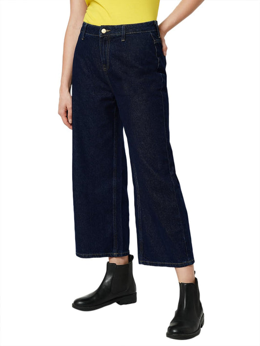 ONLY Women Solid Cotton Wide Leg High Rise Regular Length Blue Jeans